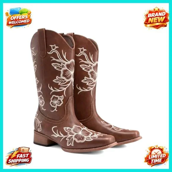 Western Cowboy Boots Square Toe Embroidered Mid Calf Chunky Low Heel